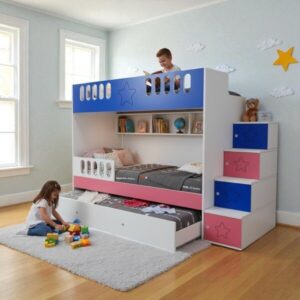 Двуетажно детско легло KidsMax със синьо-розови акценти